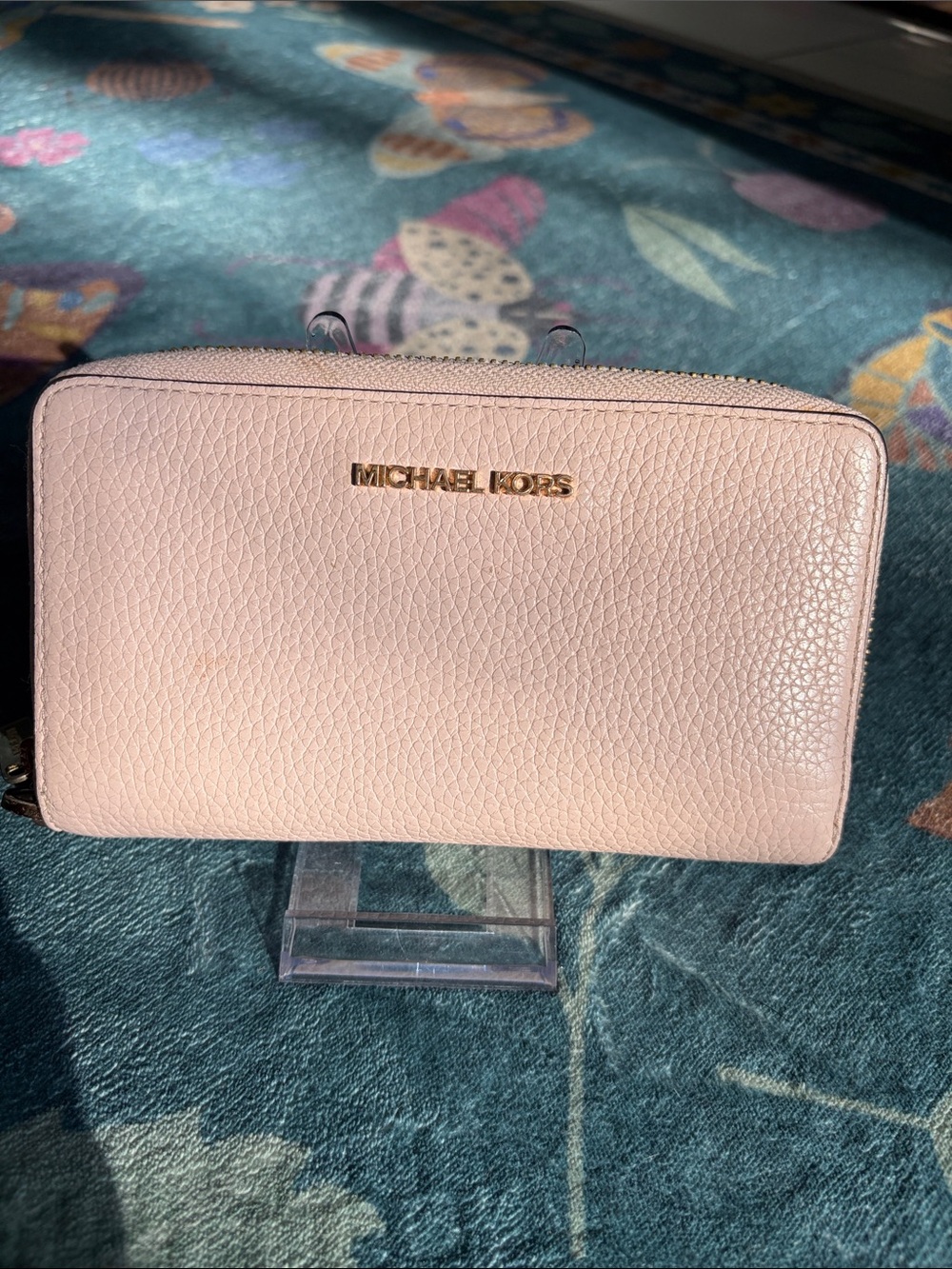 Michael Kors Blush Pebbled Leather Zip Wallet with Gold Logo